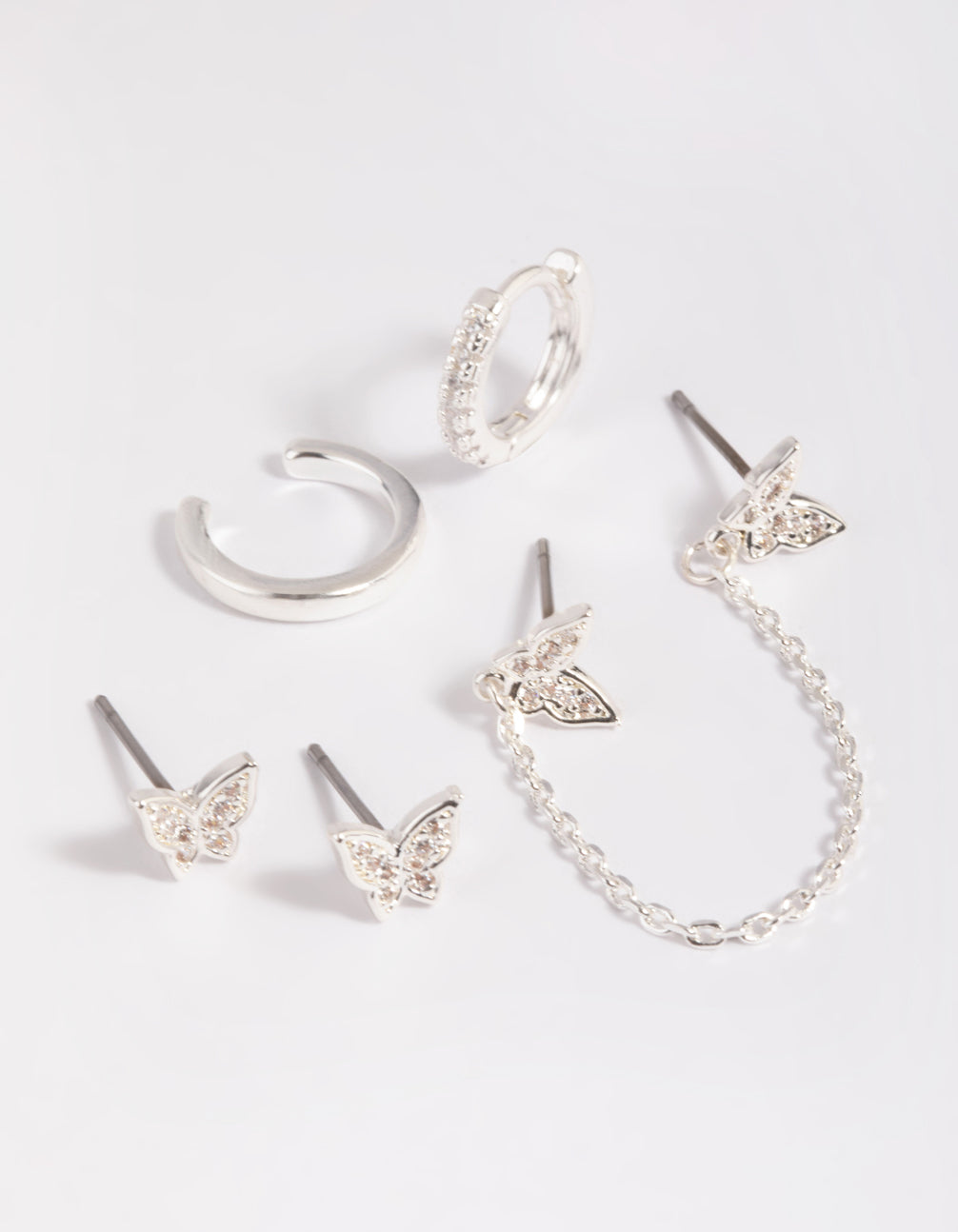 Silver Plated Brass Butterfly Chain Earring Stack 6-Pack