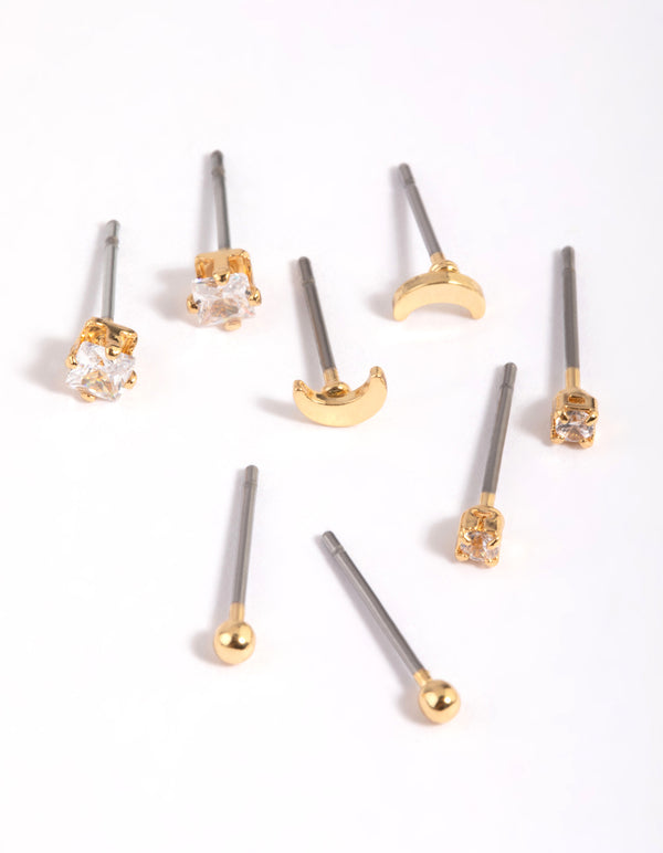 Gold Plated Brass Cubic Zirconia Moon Earring Stack 8-Pack