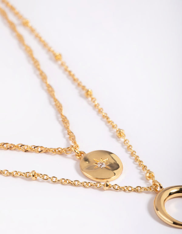 Gold Plated Brass Celestial Layered Necklace