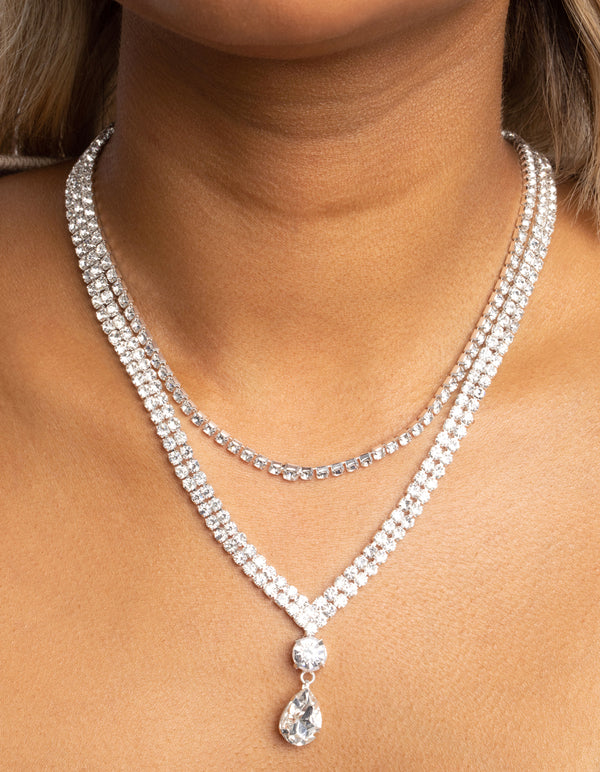 Silver Diamante Teardrop Layered Necklace