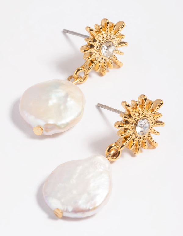 Gold Plated Freshwater Pearl Celestial Drop Earrings