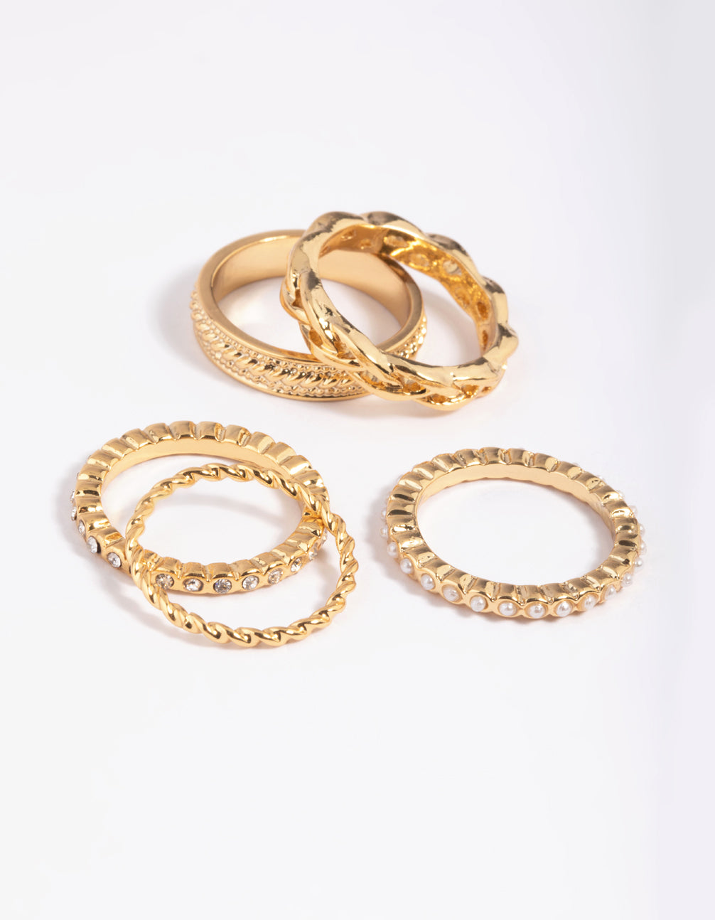 Gold Plated Diamante & Pearl Mixed Band Ring Stack 5-Pack