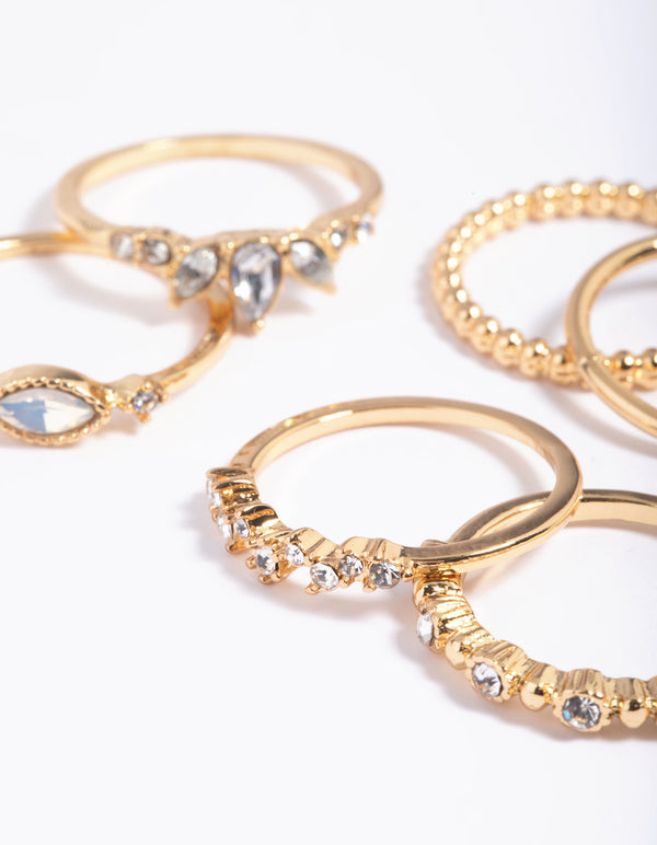 Gold Plated Diamante Pretty Ring Stack 5-Pack
