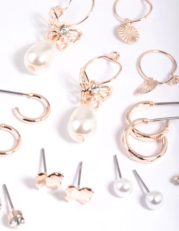 Rose Gold Butterfly Stud & Hoop Earring 8-Pack