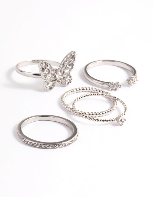 Silver Cubic Zirconia Butterfly Ring Stack Pack