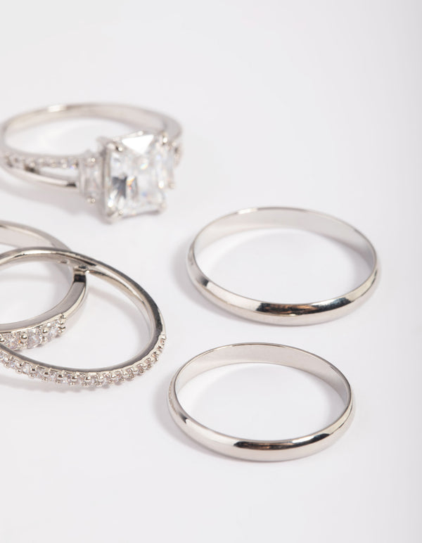 Silver Cubic Zirconia Emerald Cut Ring Stack Pack