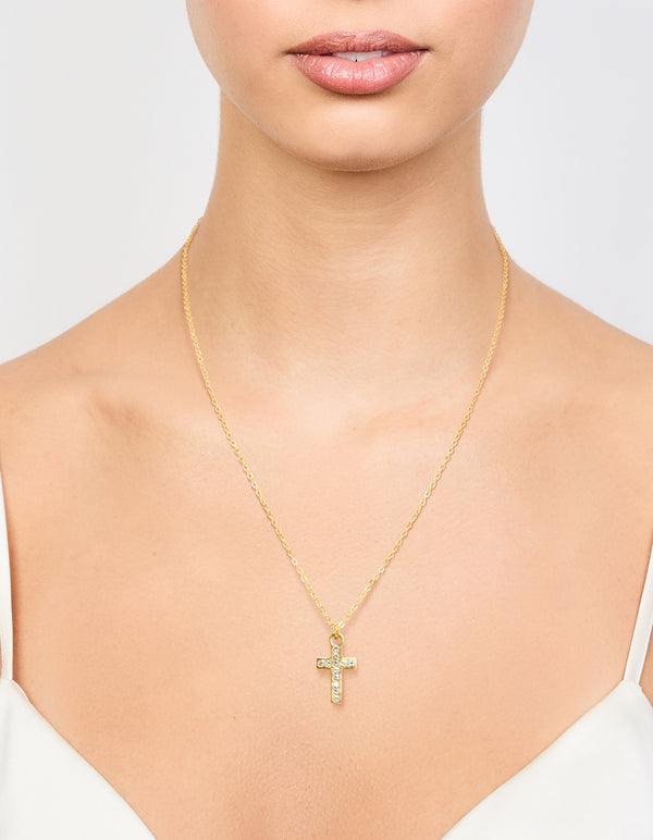 Waterproof Gold Plated Stainless Steel Cubic Zirconia Cross Necklace