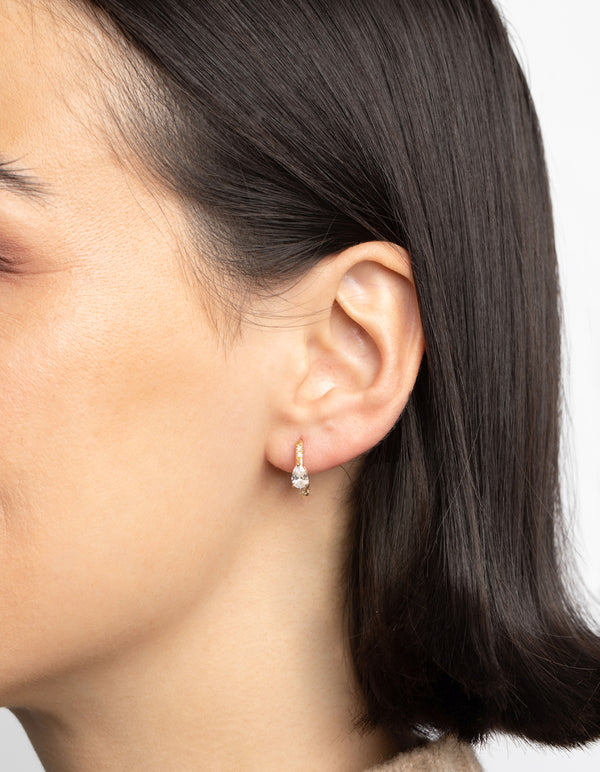 Gold Plated Sterling Silver Cubic Zirconia Marquise Huggie Hoop Earrings