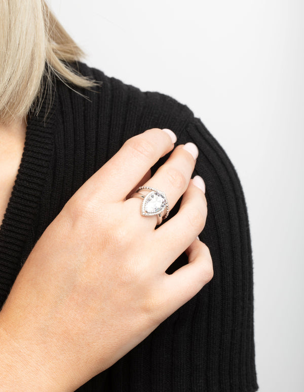 Rhodium Cubic Zirconia Pear Halo Ring Stack Pack