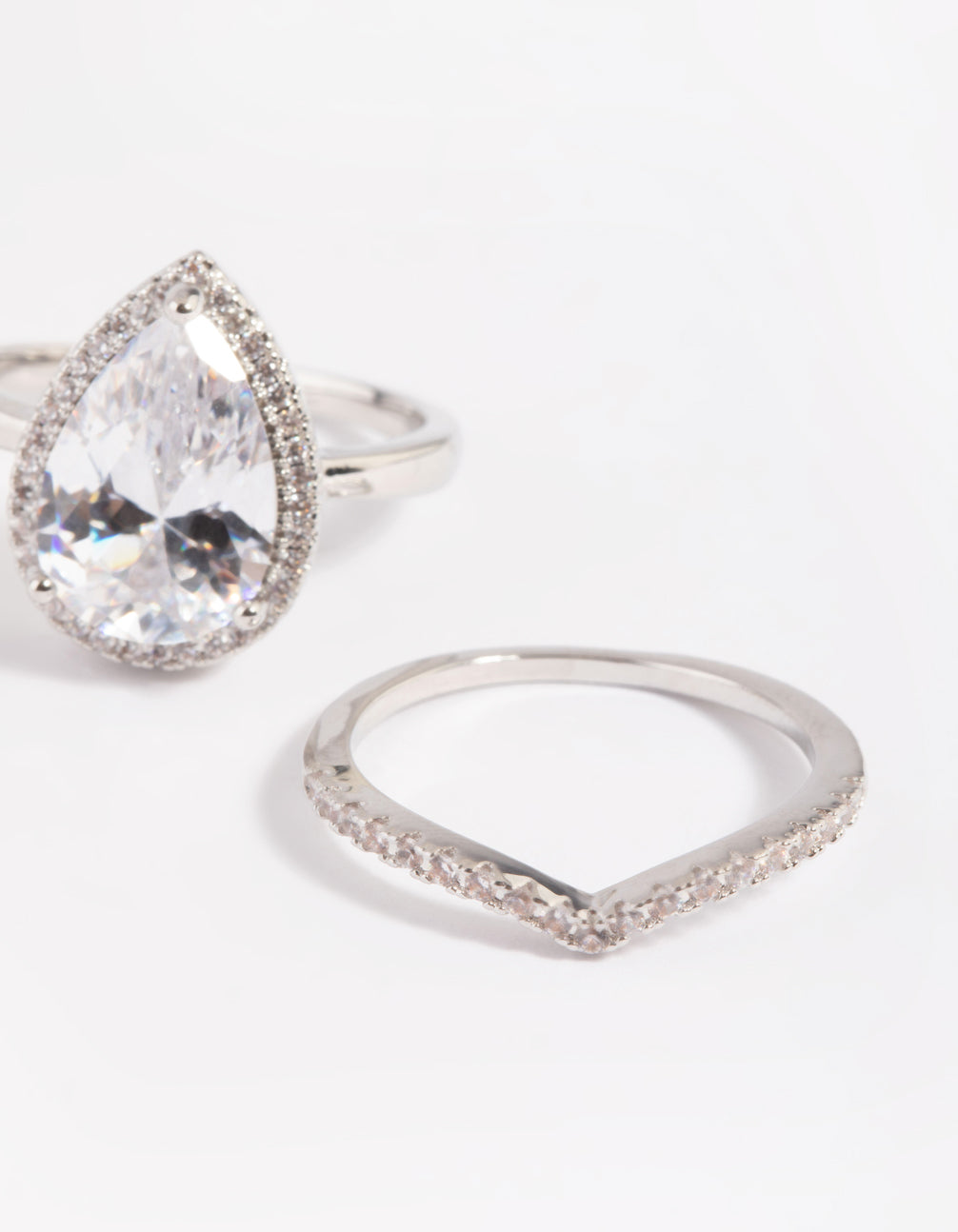 Rhodium Cubic Zirconia Pear Halo Ring Stack Pack