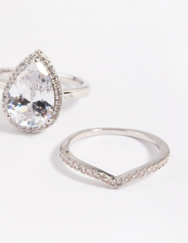 Rhodium Cubic Zirconia Pear Halo Ring Stack Pack
