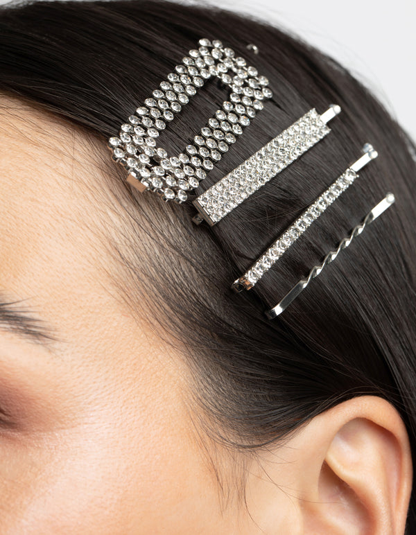 Silver Diamante Mixed Hair Slide 4-Pack