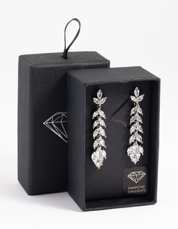 Silver Diamond Simulant Vine Drop Earrings