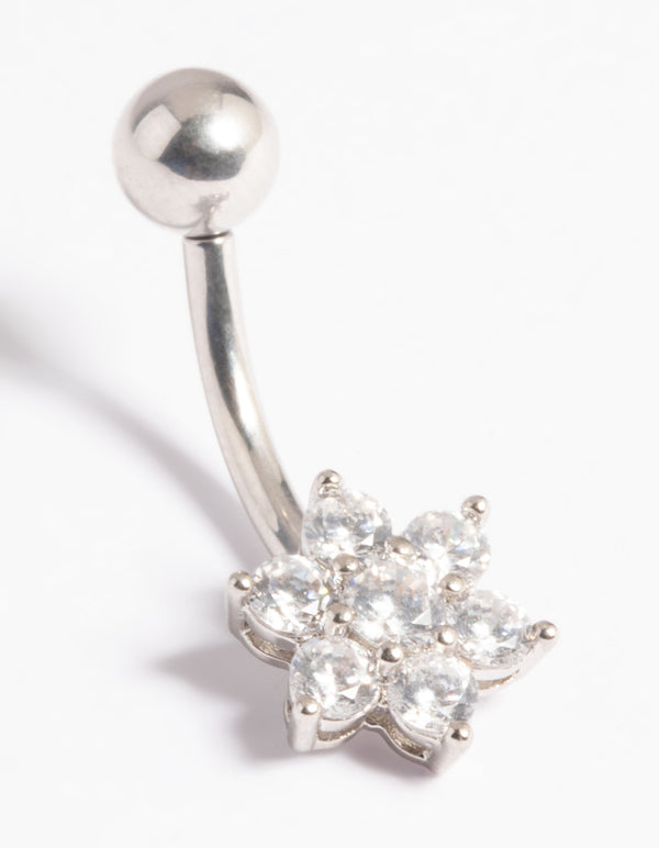 Platinum Plated Titanium Threadless Cubic Zirconia Flower Belly Bar