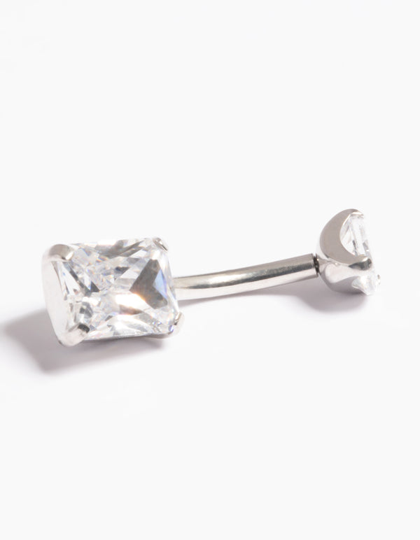 Platinum Plated Titanium Threadless Cubic Zirconia Baguette Belly Bar