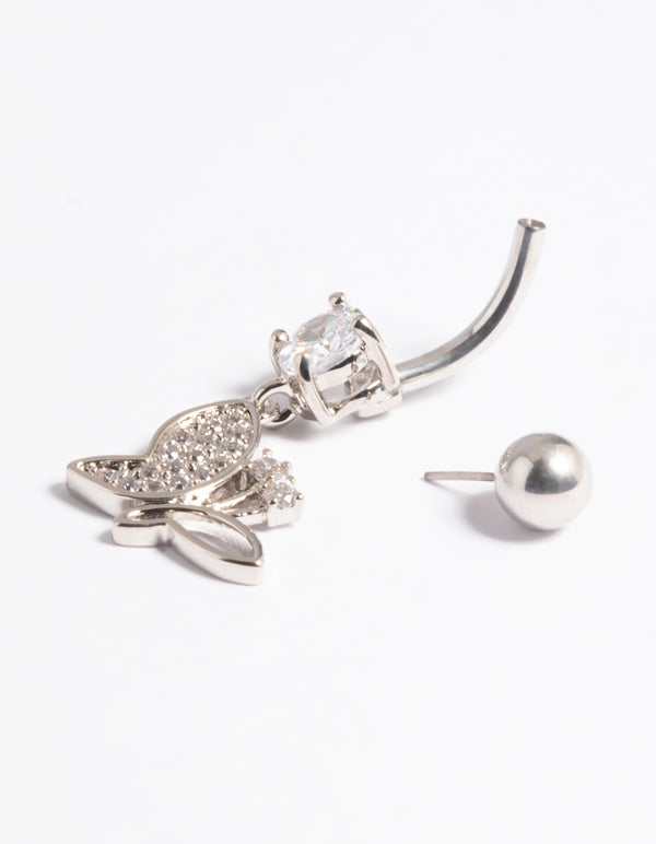 Platinum Plated Titanium Threadless Pave Butterfly Belly Bar