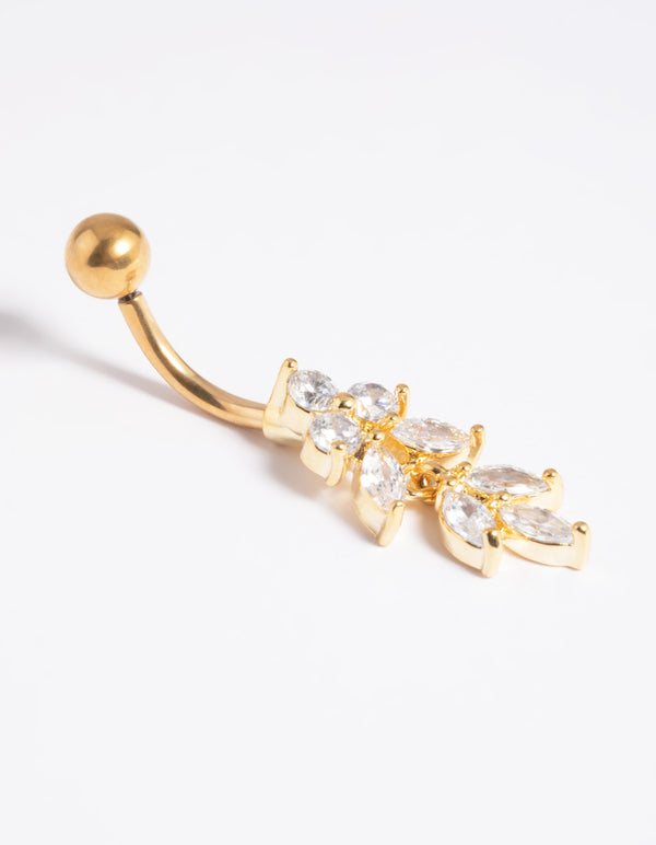Gold Plated Titanium Threadless Marquise Crystal Belly Bar