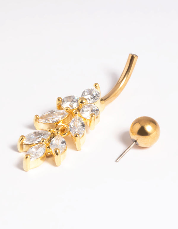 Gold Plated Titanium Threadless Marquise Crystal Belly Bar