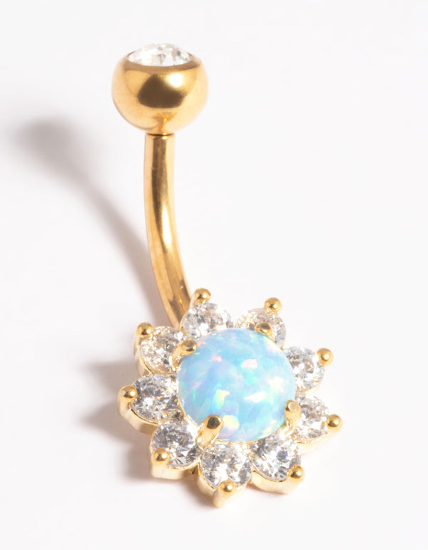 Gold Plated Titanium Threadless Opal Flower Belly Bar