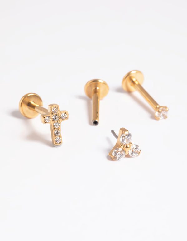 Gold Plated Titanium Threadless Cubic Zirconia Cross Flat Back Pack