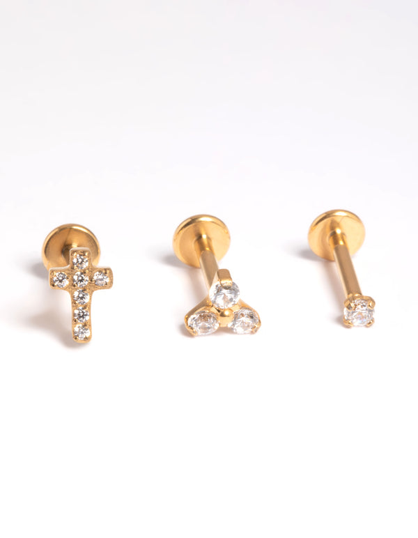 Gold Plated Titanium Threadless Cubic Zirconia Cross Flat Back Pack