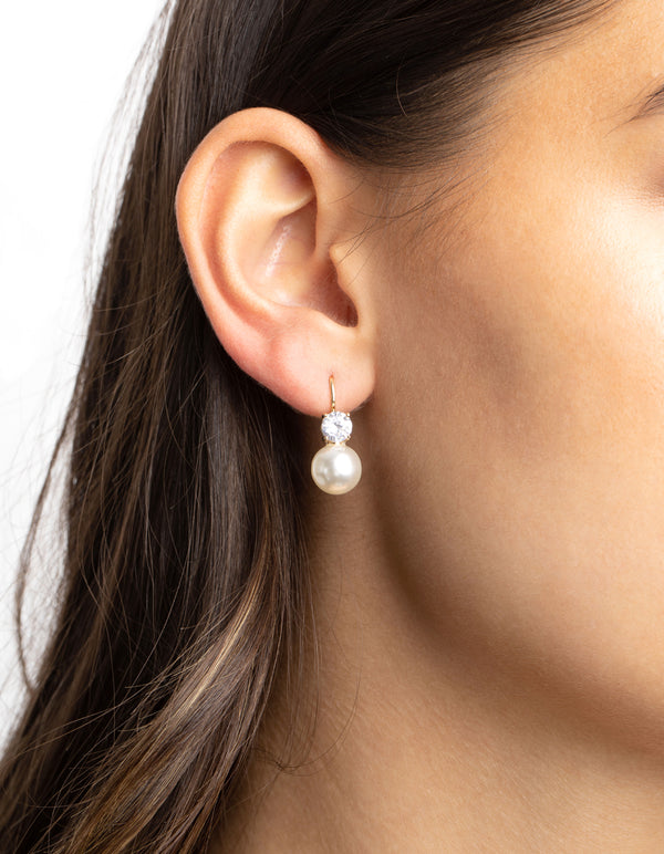 Gold Cubic Zirconia Pearl Huggie Hoop Earrings