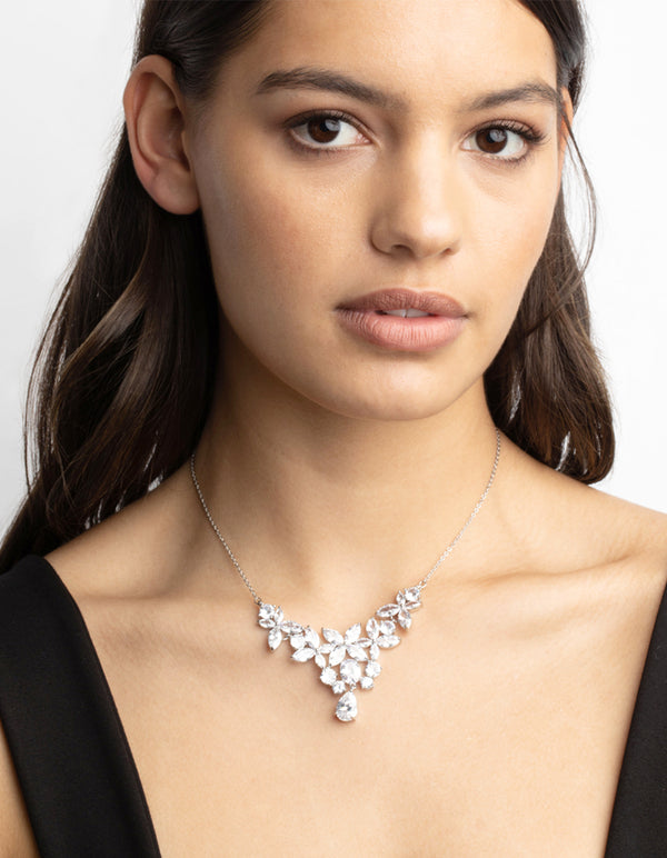 Rhodium Cubic Zirconia Floral Necklace
