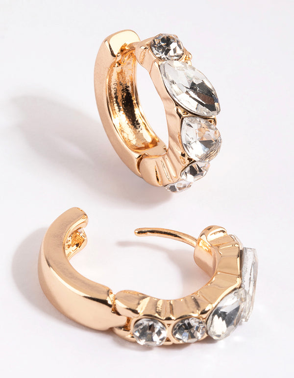 Gold Diamante Marquise Huggie Hoop Earrings