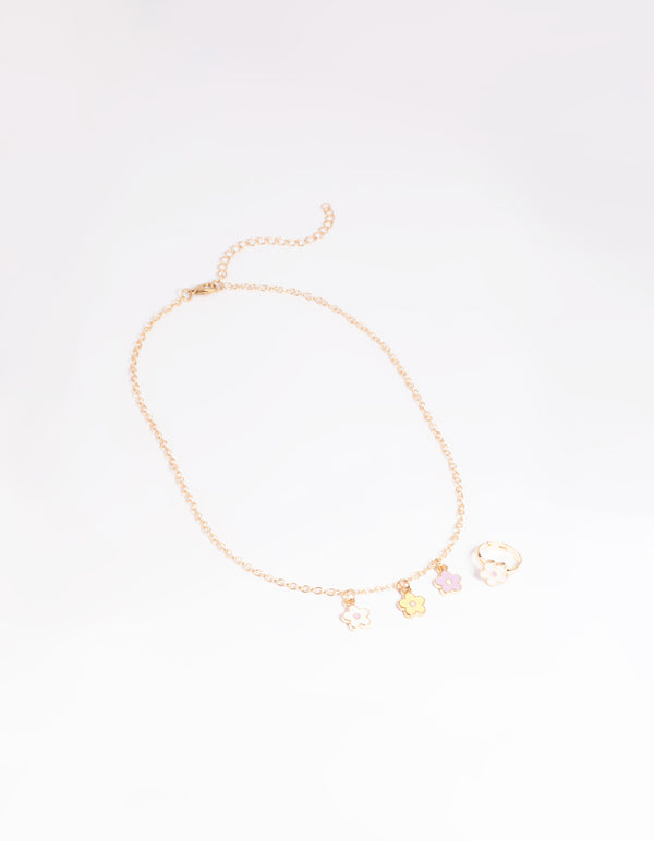 Kids Pastel Daisy Necklace & Ring Set