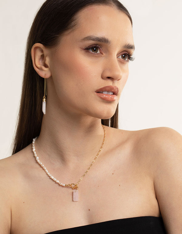 Gold Plated Rose Quartz Thread Through Earrings