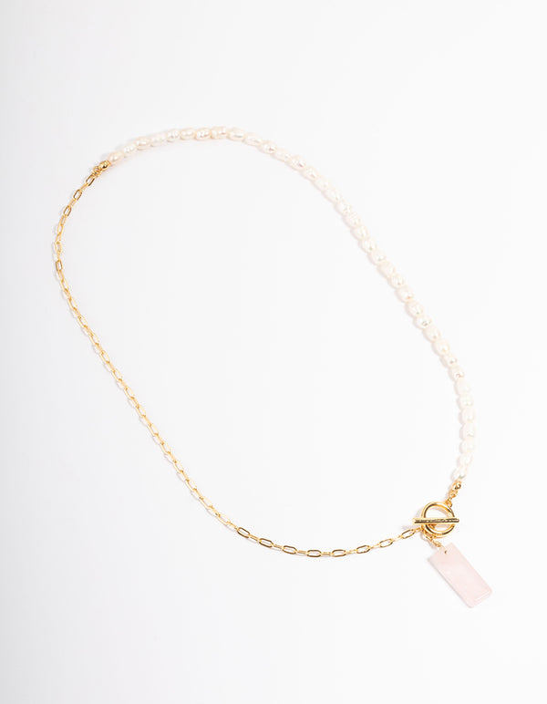 Gold Plated Rose Quartz & Freshwater Pearl Necklace