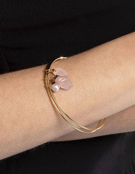 Gold Plated Rose Quartz Charm Bangle Bracelet