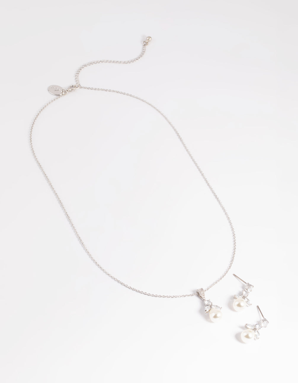 Silver Diamond Simulant Flower Pearl Necklace & Earrings Set