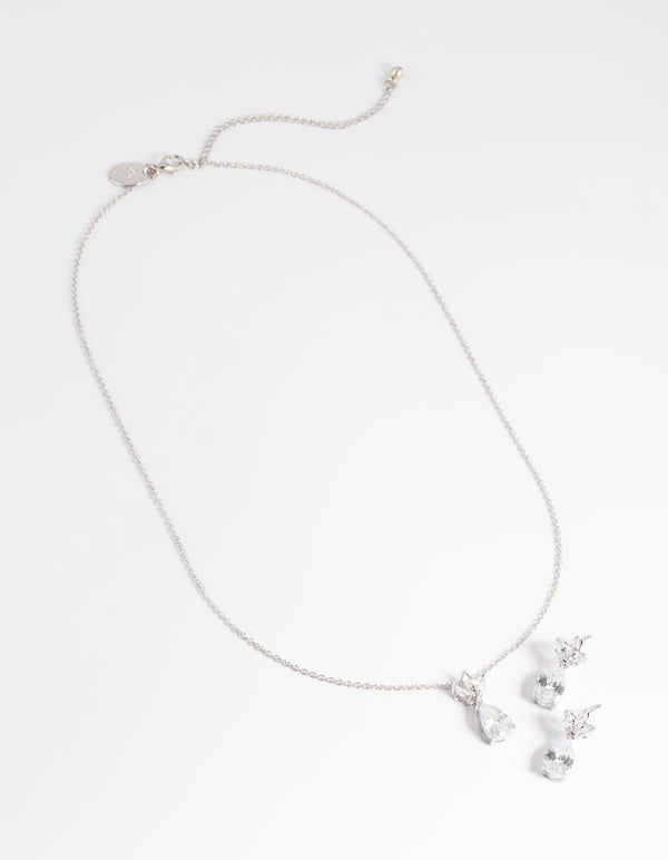 Silver Diamond Simulant Marquise Necklace & Earrings Set