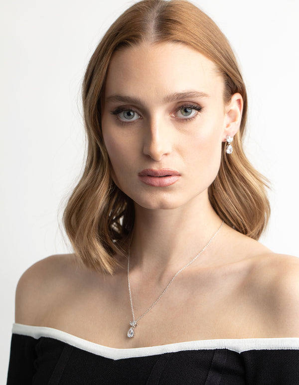 Silver Diamond Simulant Marquise Necklace & Earrings Set