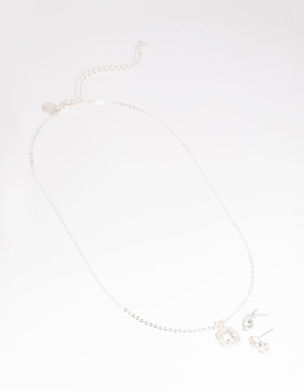 Silver Diamante Cushion Cut Necklace & Earrings Set