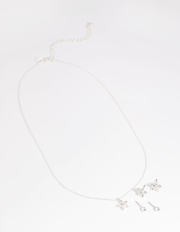 Silver Flower Necklace & Earrings Set