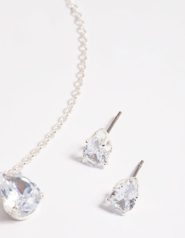 Silver Diamante Pear Necklace & Earrings Set