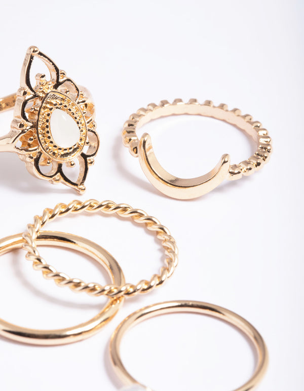 Gold Filigree Pearl Rings 5-Pack