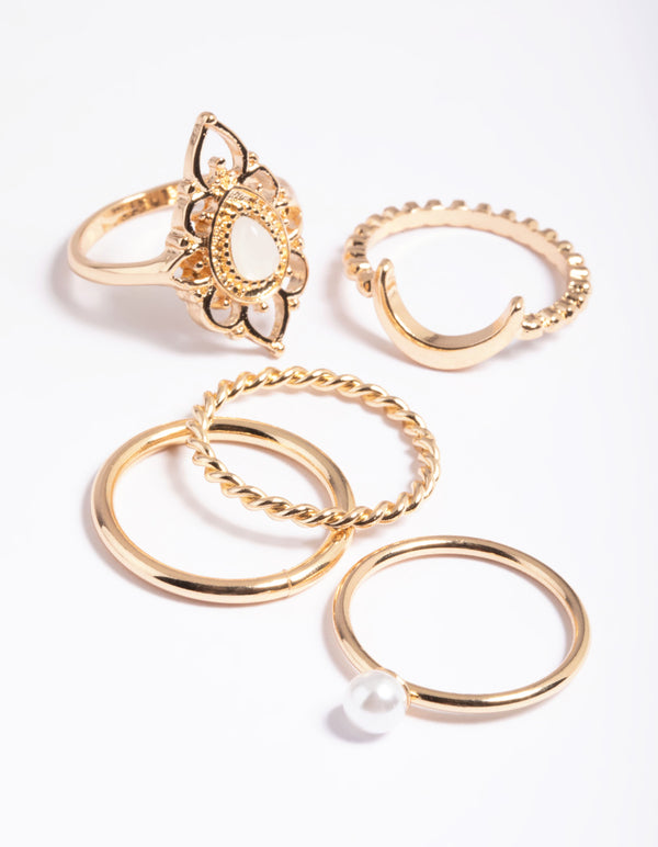 Gold Filigree Pearl Rings 5-Pack