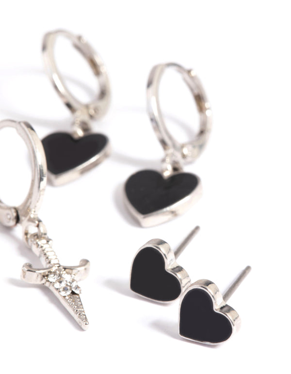 Silver Heart Flame Earring Stack Pack