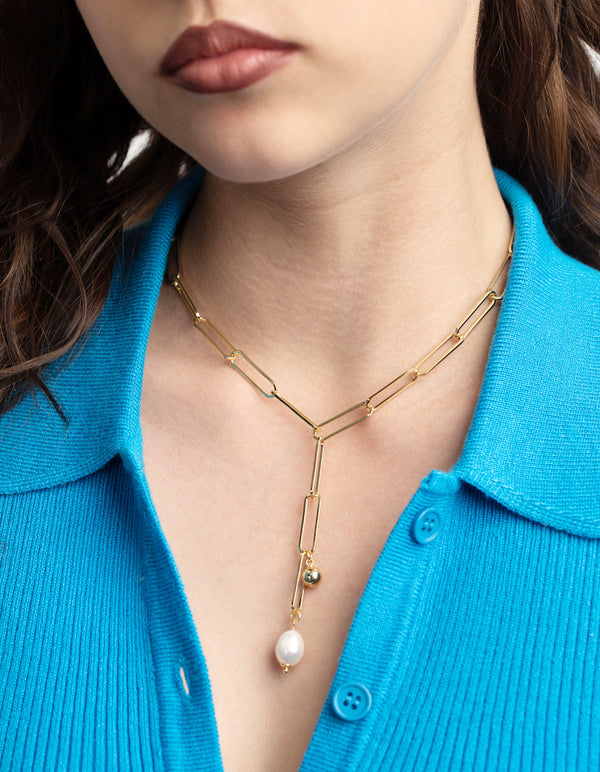 Gold Plated Freshwater Pearl Lariat Necklace