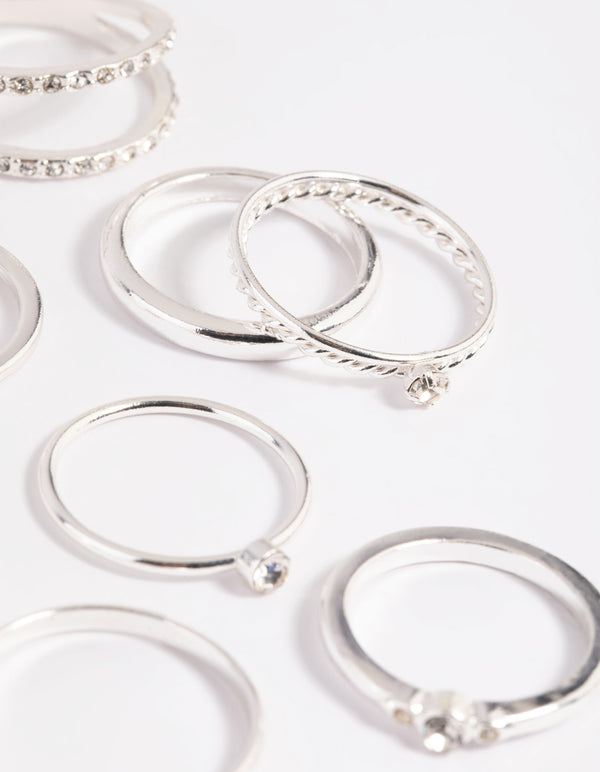 Silver Diamante Mixed Band Ring Stack Pack