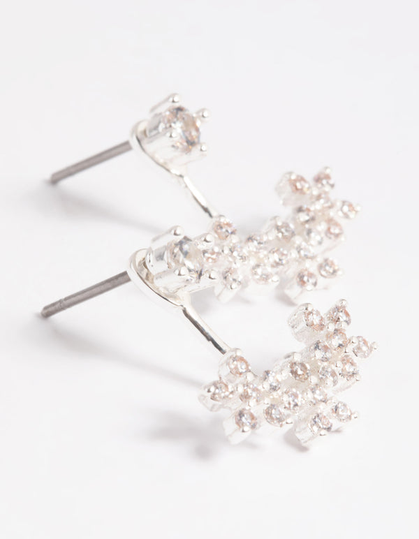 Silver Plated Cubic Zirconia Flower Sandwich Earrings