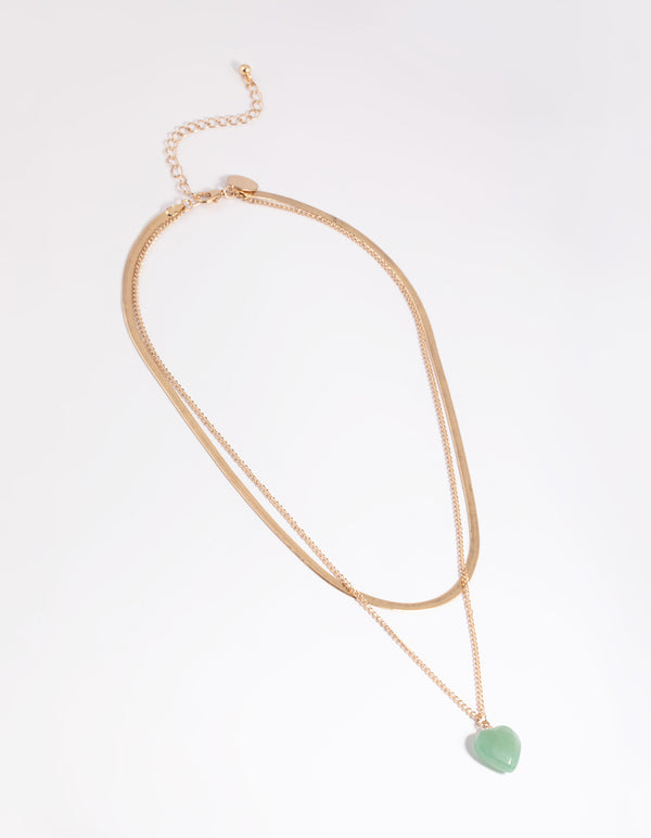 Gold Green Aventurine Heart Layered Necklace