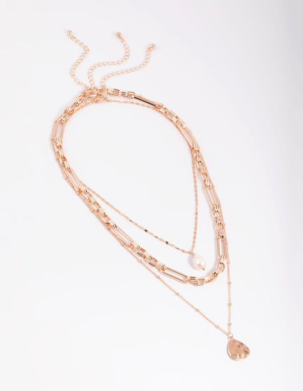 Rose Gold Layered Pearl & Coin Necklace