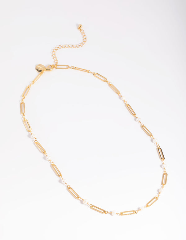 Gold Plated Freshwater Pearl Oval Chain Link Necklace