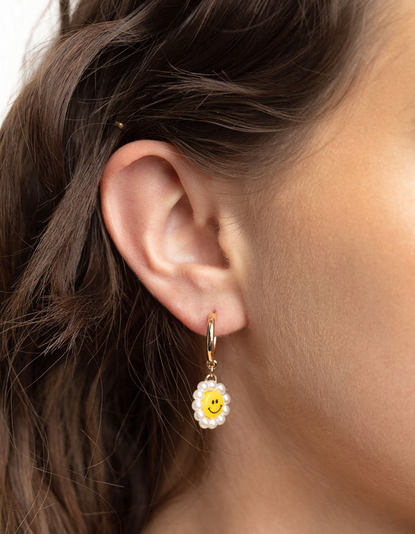 Gold Smiley Pearl Huggie Drop Earrings