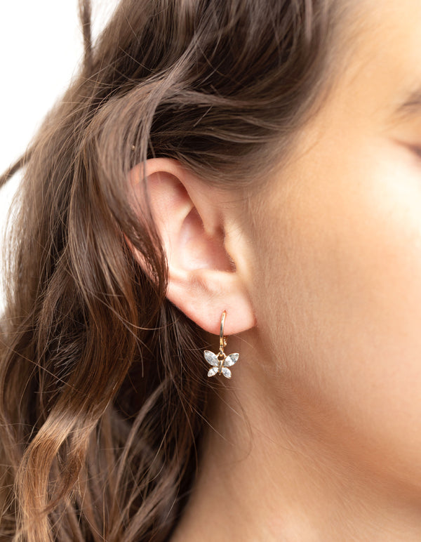 Gold Diamante Butterfly Charm Huggie Earrings