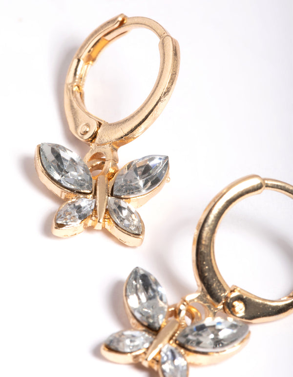 Gold Diamante Butterfly Charm Huggie Earrings